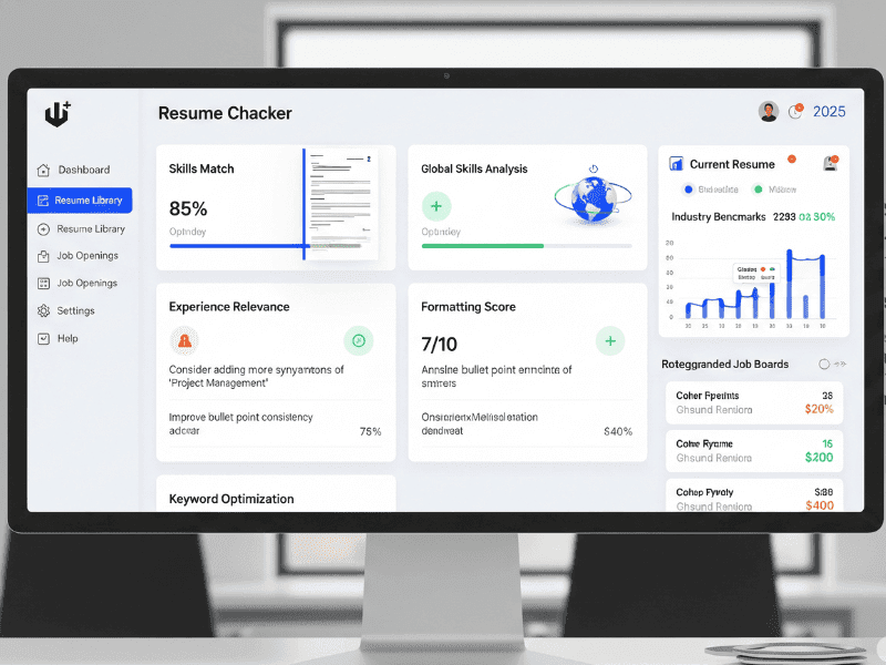 AI-powered resume checker AI free tool dashboard showing skills match, formatting score, and ATS optimization insights for 2025 job seekers