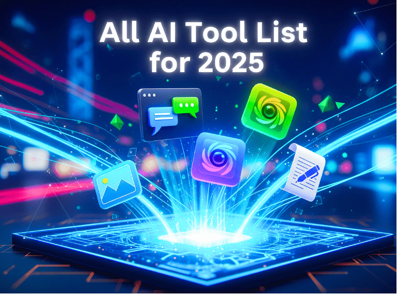 All AI Tool List for 2025 with futuristic AI tools and vibrant design