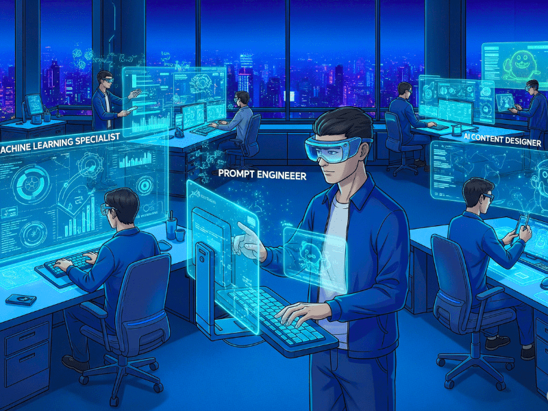 Career opportunities after completing Generative AI Certificate, featuring roles like machine learning specialist, prompt engineer, and AI content designer in a futuristic tech workspace