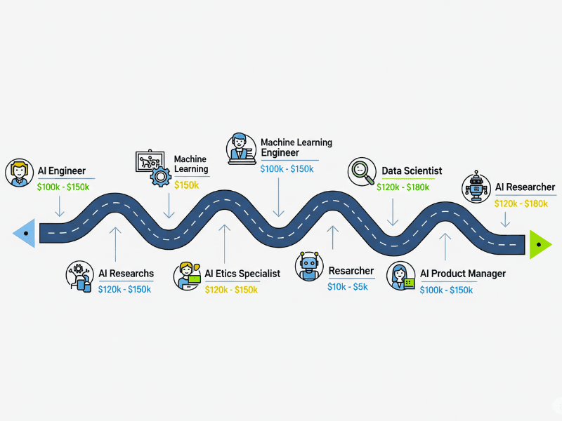 Career roadmap infographic showing various AI job roles and average salaries, highlighting opportunities available after completing Gen AI Certification Courses.