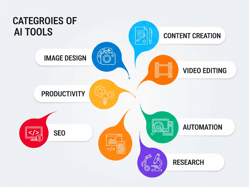 Categories of All AI Tool List with colorful icons for content creation, image design, and more