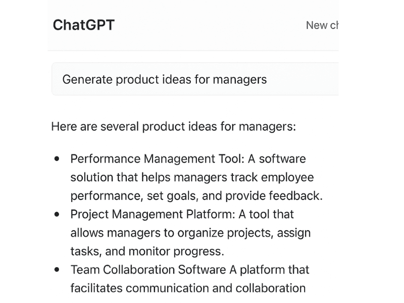 ChatGPT interface generating product management AI tools ideas for managers.