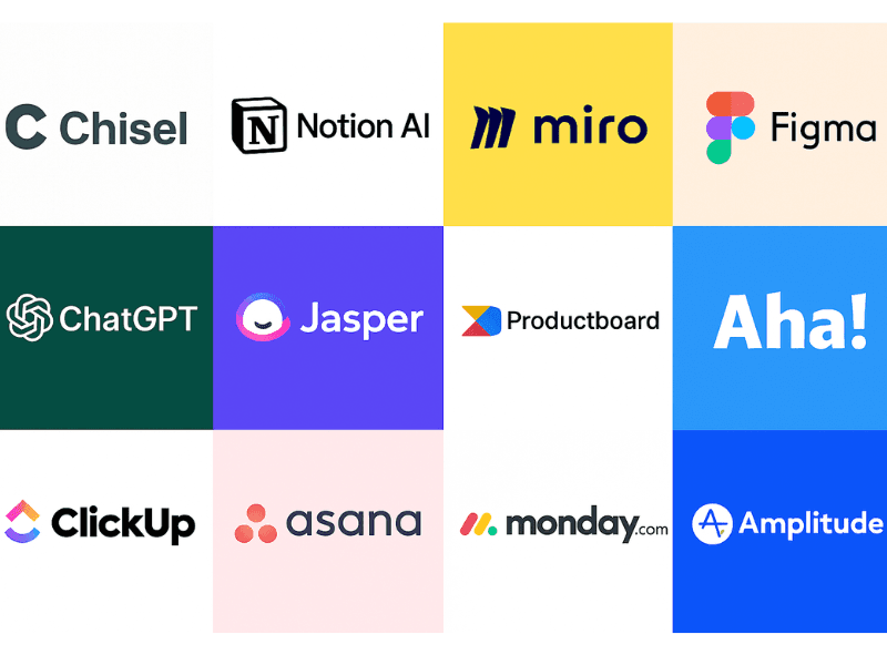 Collage of logos for top product management AI tools including Chisel, Notion AI, and others.