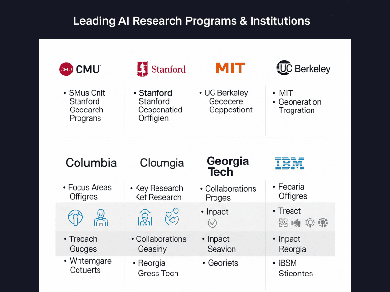 Comparison chart of top AI engineering programs for 2025, featuring institutions like Carnegie Mellon, Stanford, MIT, UC Berkeley, Columbia, Georgia Tech, and IBM with logos and key program highlights.