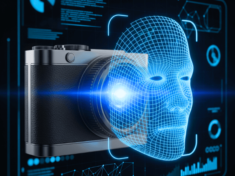 Digital camera scanning a 3D wireframe human face with blue light, representing computer vision and facial recognition technology.