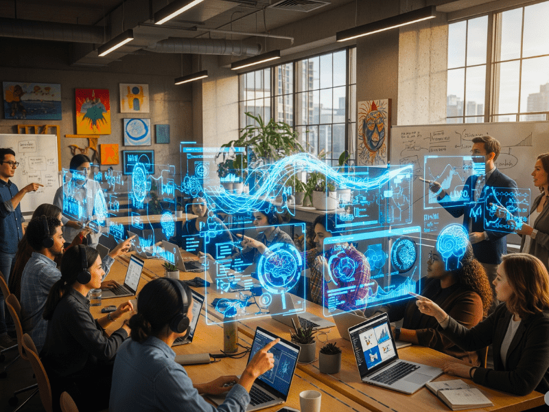 Diverse group of professionals and students collaborating with AI tools and holographic data in a classroom, representing who should join Google Generative AI Course Free