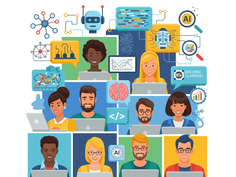 Diverse group of students learning machine learning and AI concepts online, representing global access through AI Courses Online Free