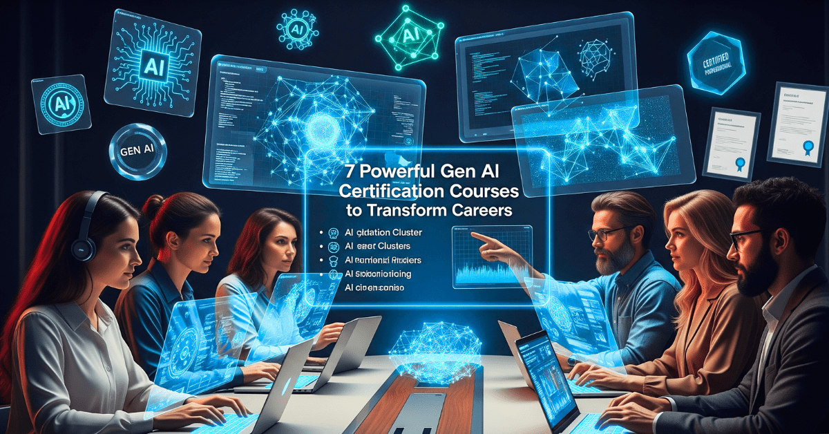 Diverse professionals learning Generative AI with holographic screens, certificates, and AI icons, representing top Gen AI certification courses for career growth.