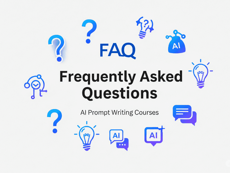 FAQ section for AI Prompt Writing Course with question marks and AI icons.
