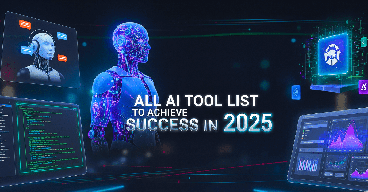 Featured image showing futuristic AI tool icons with digital network effects and the title All AI Tool List to Achieve Success in 2025.”