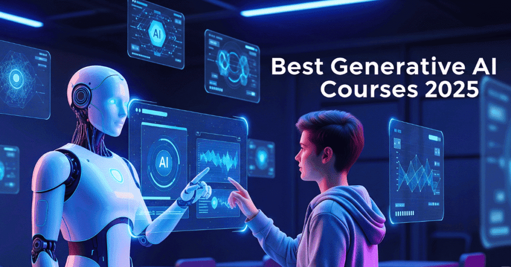 Featured image showing futuristic digital AI classroom with robot teacher and holographic course modules titled 'Best Generative AI Courses 2025