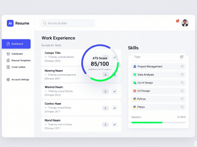 Free Resume AI Builder dashboard showing ATS score, work experience section, and professional skills list