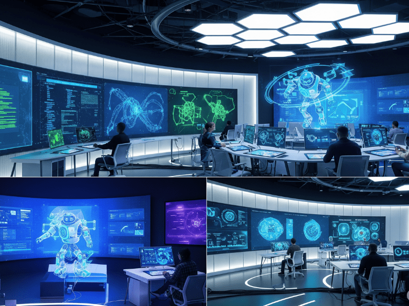 Futuristic AI classroom with holographic displays for prompt AI course