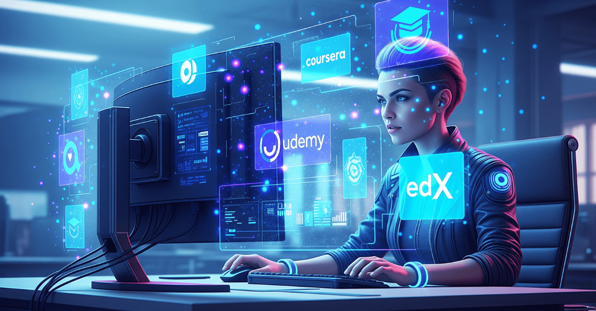 Futuristic AI engineer exploring free & paid courses for AI engineer with holographic course icons from Coursera, Udemy, and edX in a glowing blue and purple high-tech design.
