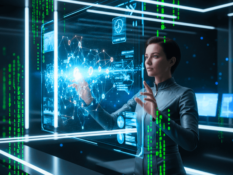 Futuristic AI engineer working with holographic neural networks and digital data, representing advanced Courses for AI Engineer in 2025