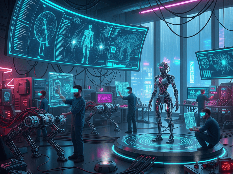 Futuristic AI engineering programs lab with engineers working on humanoid robots and advanced holographic screens, showcasing cutting-edge artificial intelligence technology.