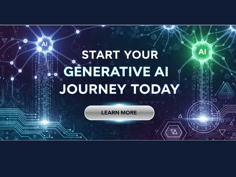 Futuristic AI interface with glowing nodes and circuits, promoting the best courses on generative AI with a call-to-action to start your learning journey today