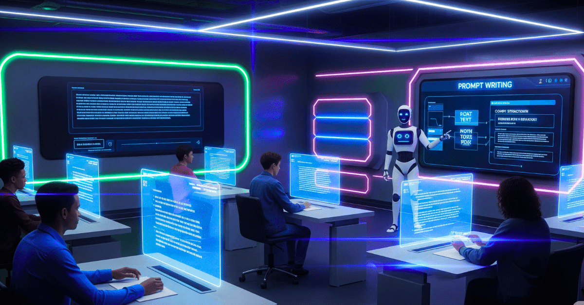 Futuristic AI training hub with students learning prompt writing, holographic screens, and bold text overlay ‘AI Prompt Writing Course 7 Proven Ways to Succeed’