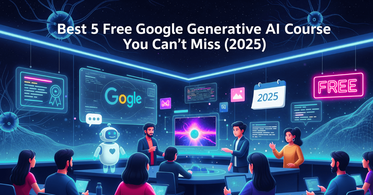 Futuristic classroom with learners exploring Google Generative AI Course Free in 2025, featuring holographic AI tools and a 'FREE' sign.