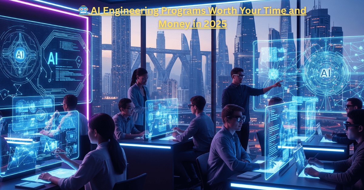 Futuristic classroom with students working on AI projects, holographic screens displaying AI in 2025. Ideal for AI engineering programs, showcasing tech education and innovation.