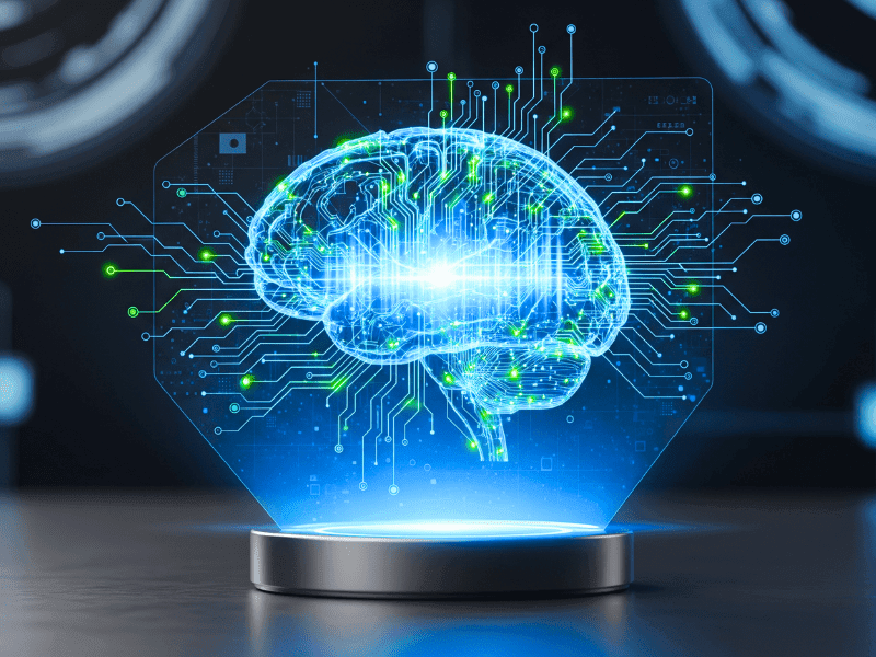 Futuristic digital brain hologram representing the power of AI and generative artificial intelligence in learning and innovation.