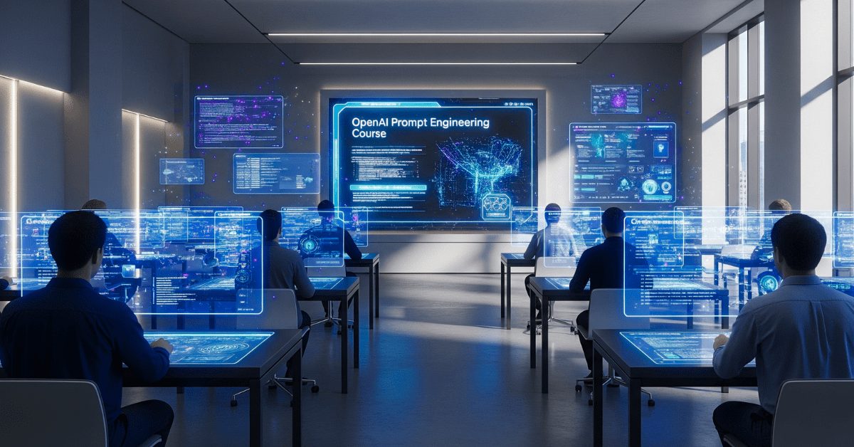 Open AI Prompt Engineering Course Secrets You Must Know 1 Futuristic digital classroom showing students learning OpenAI Prompt Engineering Course with holographic AI screens and glowing prompts in 2025.