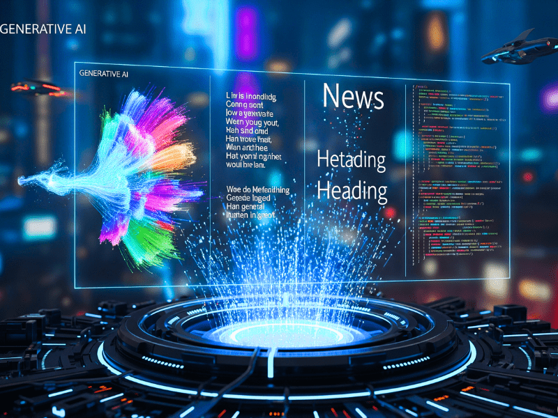 Futuristic digital illustration representing Google Generative AI Course Free, showing holographic AI creating text, images, and code in a high-tech virtual interface