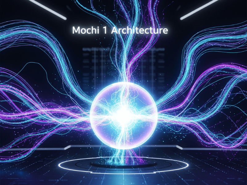 Futuristic digital sphere representing Genmo AI’s Mochi 1 architecture with glowing energy streams