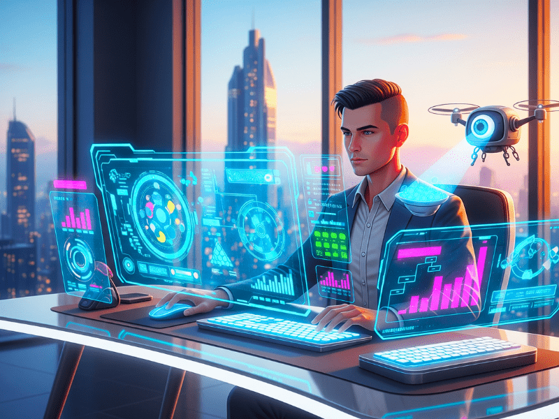 Futuristic product management AI tools workspace with a manager using holographic interfaces, vibrant colors, and a cityscape background.