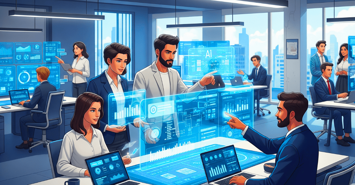 Futuristic product managers using AI dashboards and tools in 2025 with text overlay ‘Top 12 Product Management AI Tools’