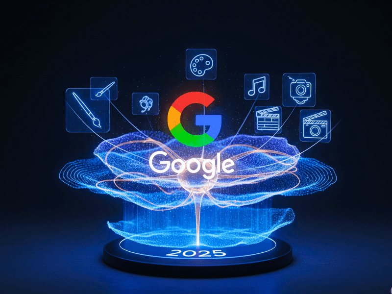 Generative AI Certificate Google 2025 futuristic concept with Google logo, digital creativity icons, and holographic AI visualization