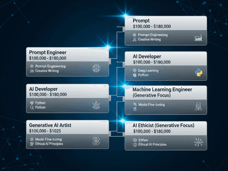 Generative AI career paths and salaries 2025, including roles like Prompt Engineer, AI Developer, and AI Ethicist with average salary ranges.