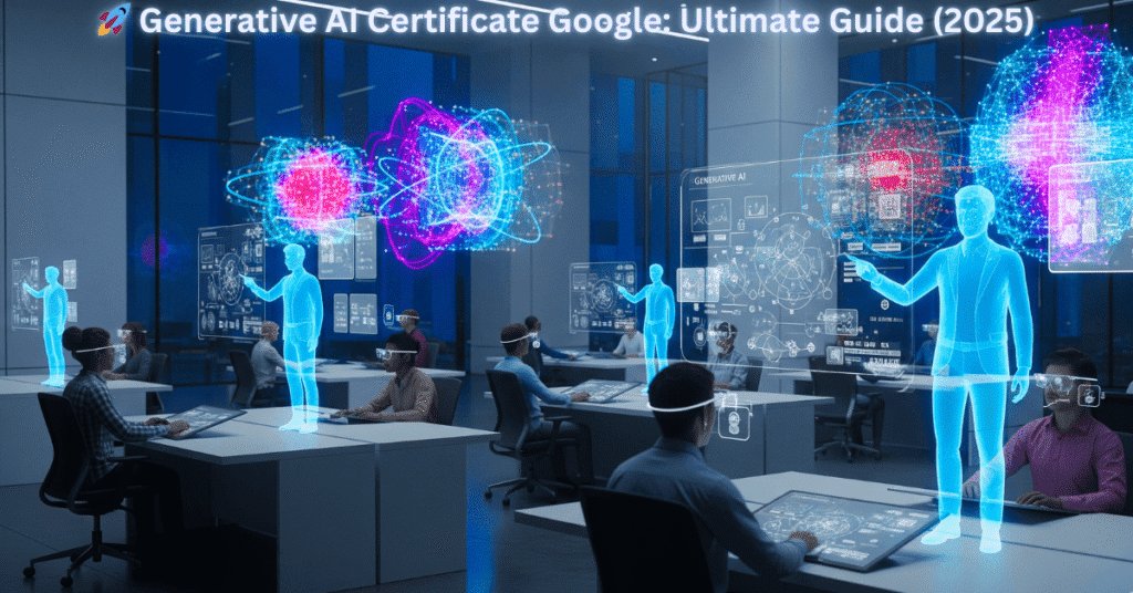 Futuristic AI learning hub in 2035 for Google Generative AI Certificate training, with holographic teachers explaining Generative AI concepts, students wearing AR glasses, and floating data visualizations in a modern minimal setting.