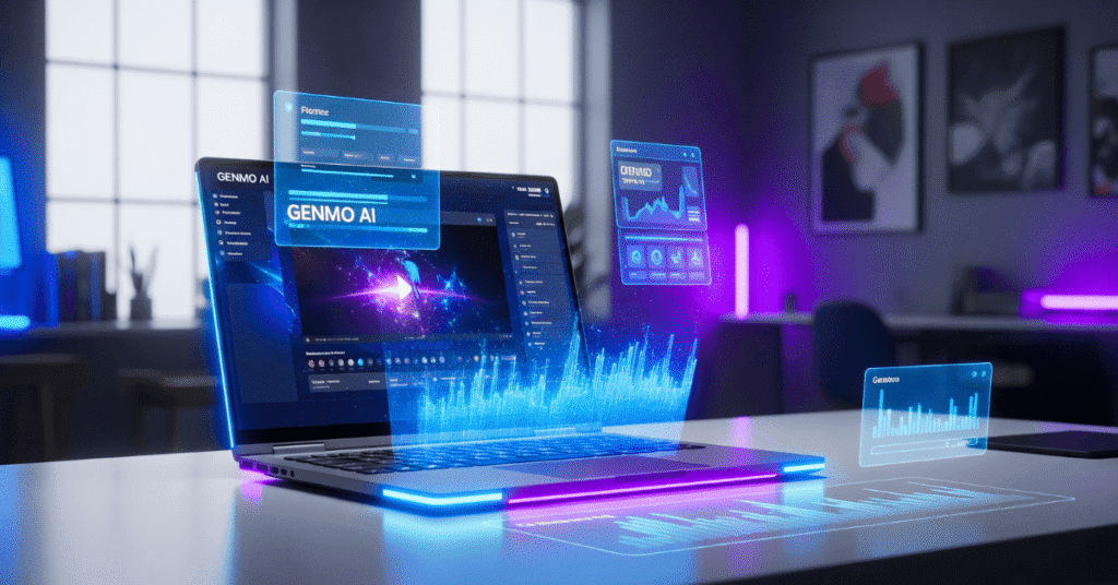 Genmo AI interface on a laptop generating cinematic animated video in real-time, futuristic workspace with neon lighting and holographic UI elements.