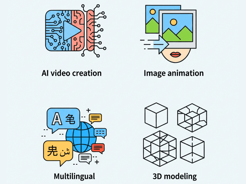 Genmo AI key features icons including AI video creation, image animation, multilingual support, and 3D modeling