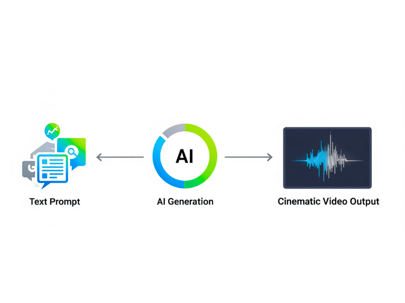 Genmo AI process flow showing text prompt to AI generation to cinematic video output