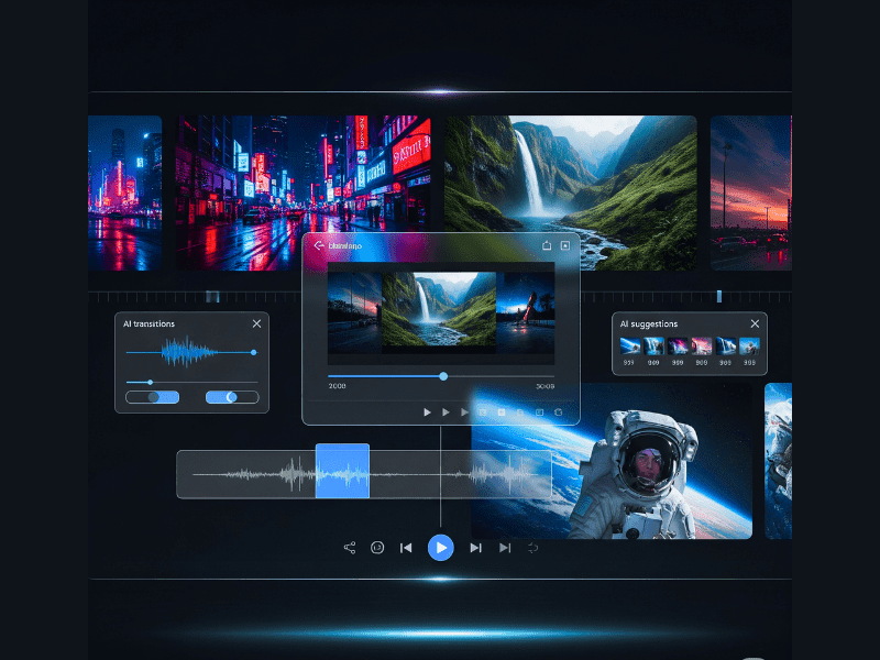 Genmo AI video creation interface showcasing cinematic scenes, AI transitions, and astronaut visuals