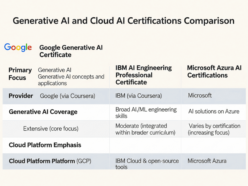 Comparison chart of Google Generative AI Certificate vs IBM AI Engineering Professional Certificate vs Microsoft Azure AI Certifications, highlighting focus areas, providers, generative AI coverage, and cloud platform emphasis.