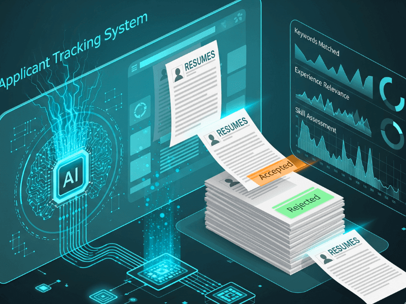 Illustration of resume checker AI free resumes using applicant tracking system to accept or reject candidates based on skill relevance and keyword match