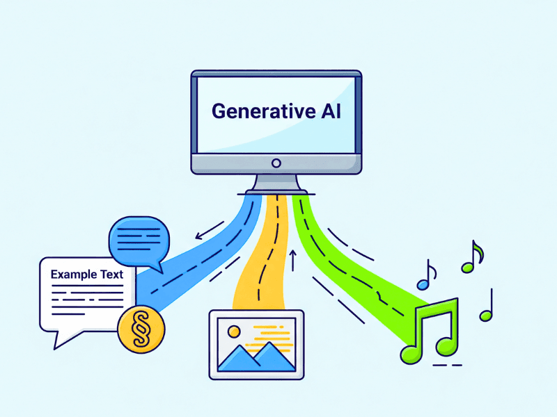 Illustration of Generative AI concepts showing a computer creating text, images, and music, symbolizing creativity and innovation in Gen AI Certification Courses.