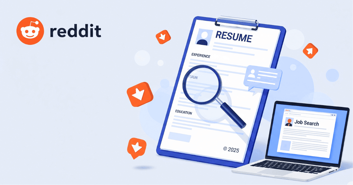 Illustration of Reddit logo with resume, upvote icons, and job search tools, representing expert tips from resume building Reddit in 2025