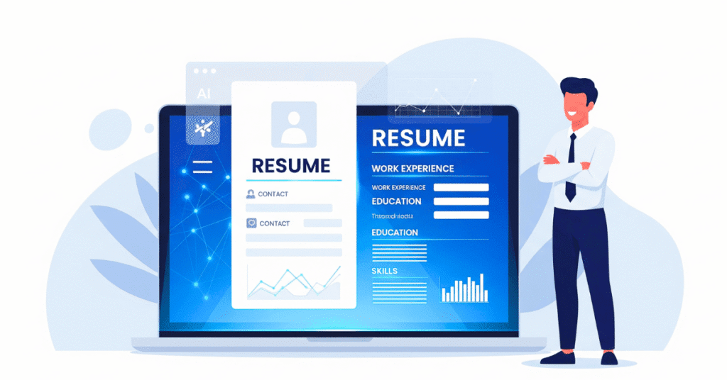 Illustration of a laptop showing an AI-generated professional resume, with a smiling job seeker beside it and the short title 'Free Resume AI Builder' displayed on top, in a clean and modern style.