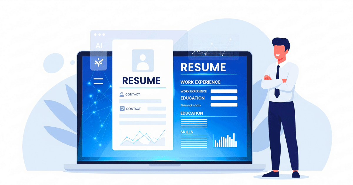 Illustration of a laptop showing an AI-generated professional resume, with a smiling job seeker beside it and the short title 'Free Resume AI Builder' displayed on top, in a clean and modern style.