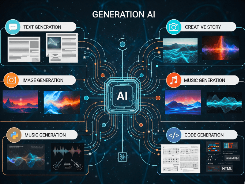 Illustration showing different applications of Google Generative AI Course Free including text generation, image generation, music creation, storytelling, and code generation