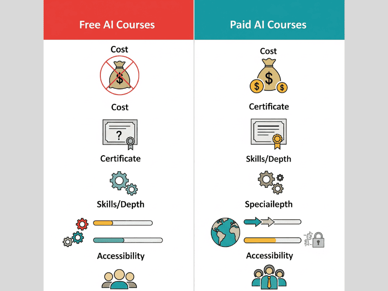 Infographic comparison of free vs paid Courses for AI Engineer in 2025, showing differences in cost, certification, skills, and accessibility