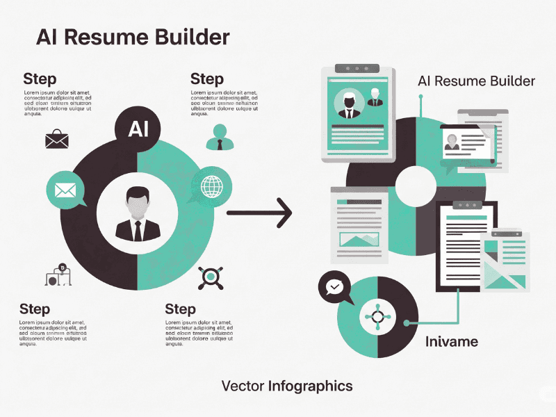 Infographic showing how a Free Resume AI Builder works, with step-by-step process and AI resume creation visuals