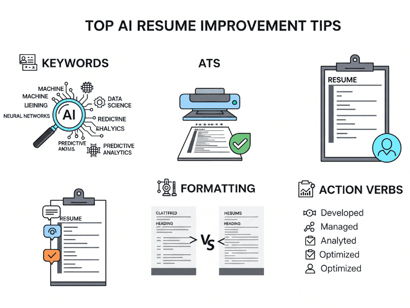 Infographic showing resume checker AI free tips like using keywords, ATS-friendly formatting, strong action verbs, and proper layout to improve resumes
