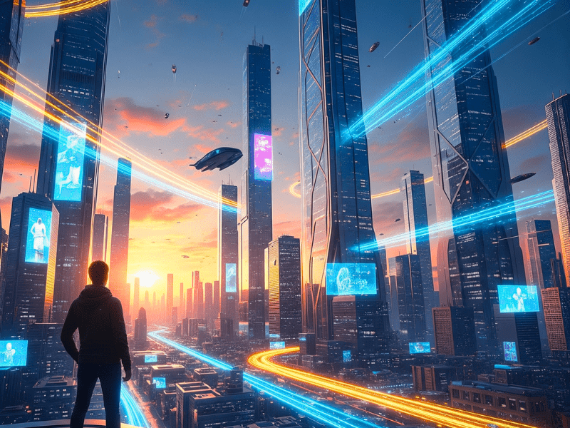 Inspiring image of a person looking towards a futuristic city skyline powered by AI, symbolizing opportunities after completing Courses for AI Engineer in 2025