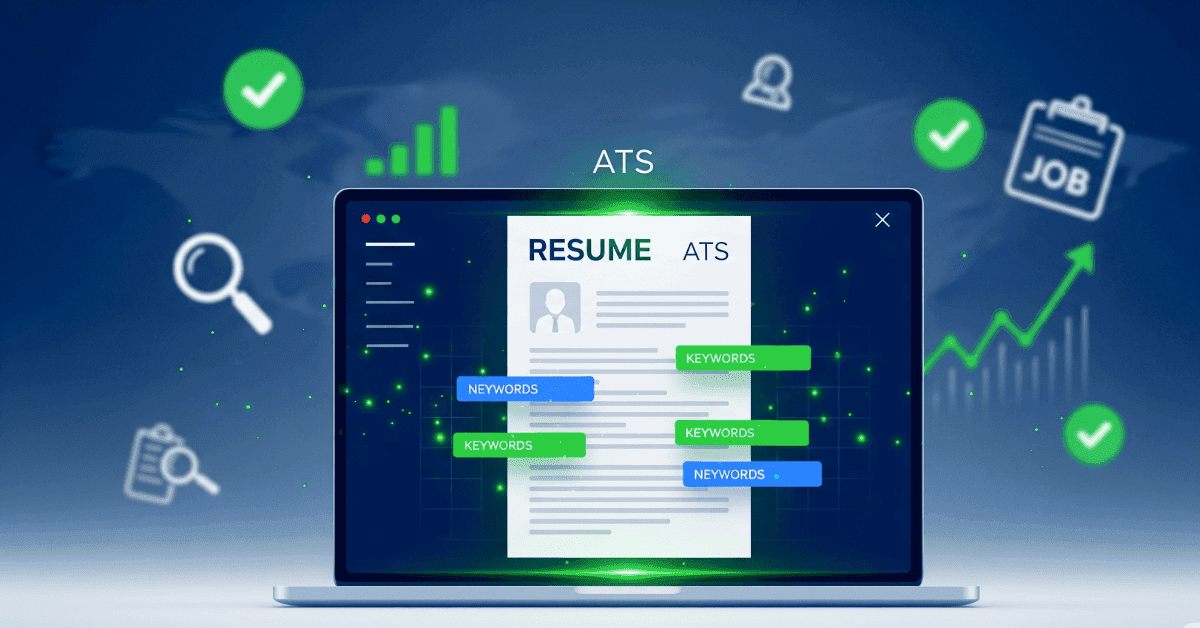 Laptop showing Best ATS Resume Checker Free Online scanning a resume with keywords highlighted, 2025 job search tech interface.