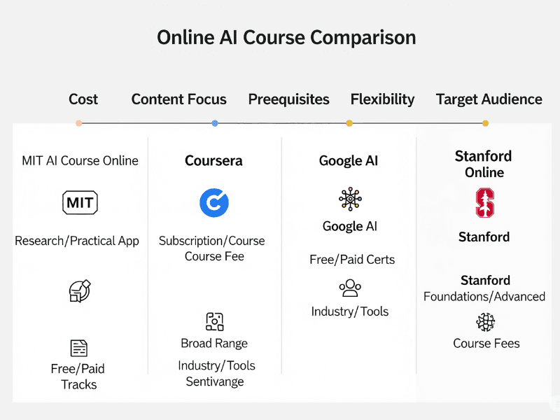 Comparison table of online AI courses in 2025 including MIT AI Course Online, Coursera, Google AI, and Stanford Online, showing differences in cost, content focus, prerequisites, flexibility, and target audience.